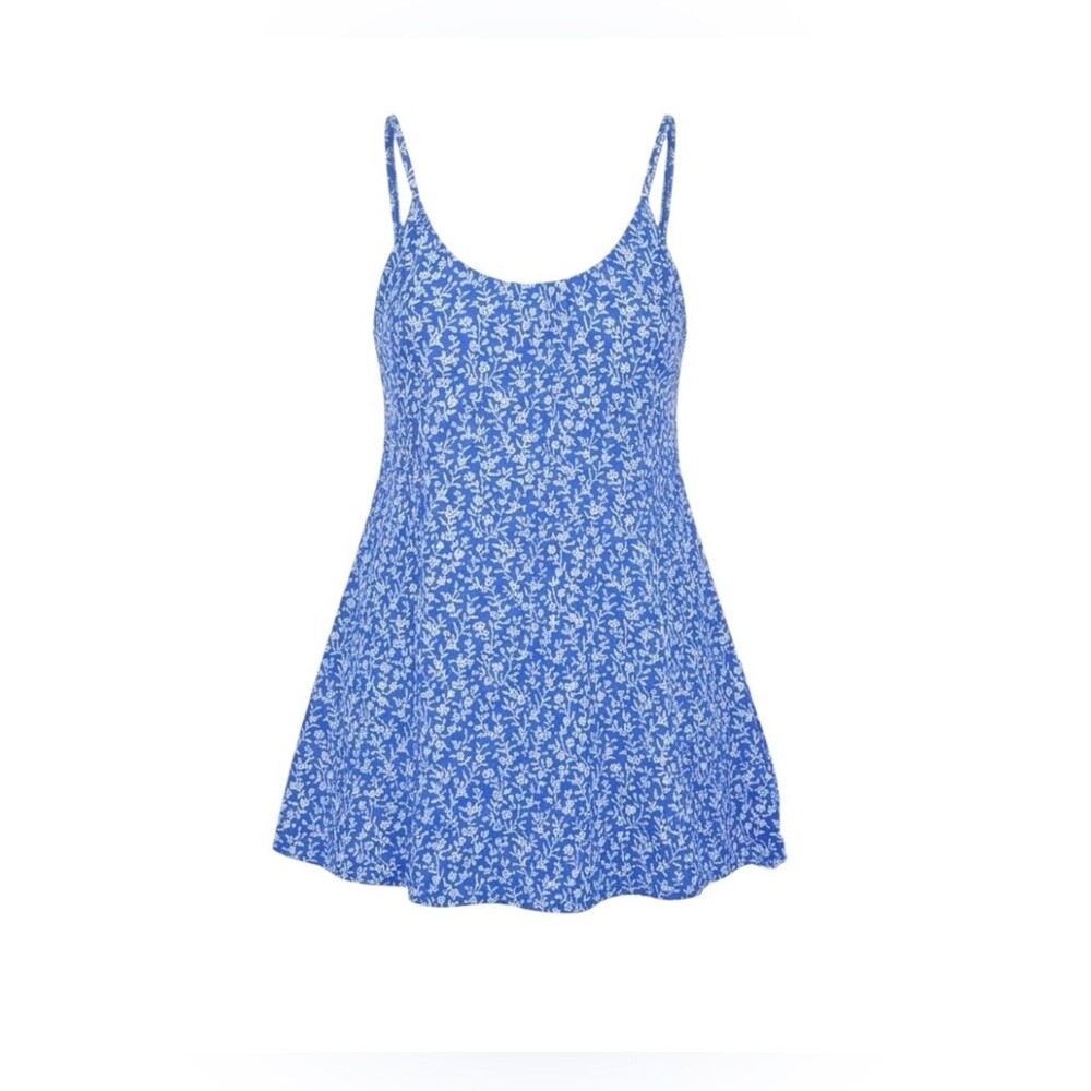 VTG 90s Adrienne Vittadini Ditsy Floral Swim Dress Blue White One-Piece Swimsuit